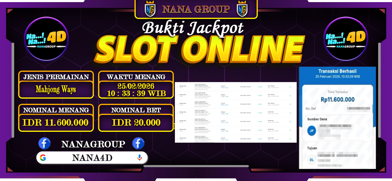 Bukti Kemenangan Besar Dibayar lunas Member NANA4D RP 11.600.000, 25 Februari 2026