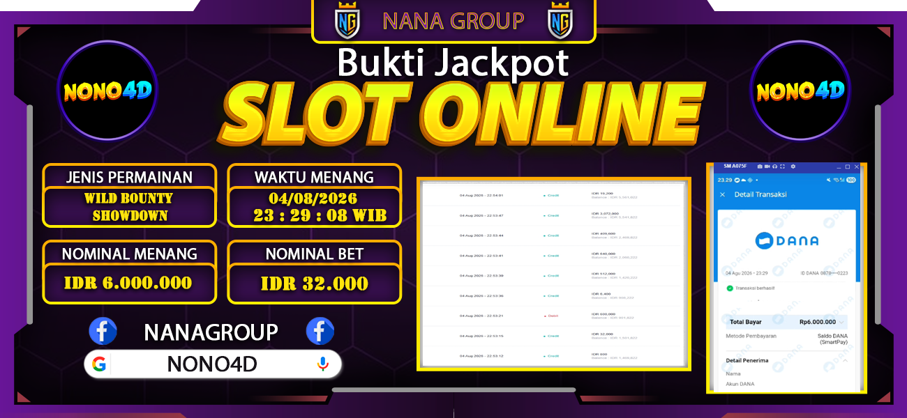 Bukti Kemenangan Besar Dibayar lunas Member NONO4D RP 6.000.000, 4 Agustus 2026